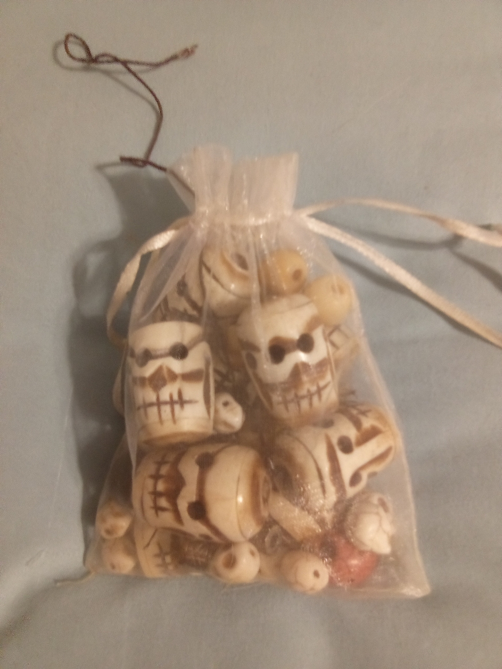Craft Ivory and Brown Carved Skull Beads in Organza Bag